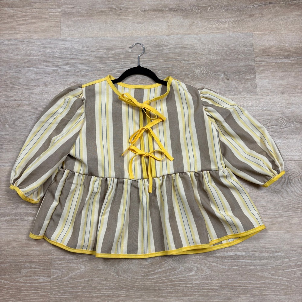 Handmade Striped Peplum Puff Sleeve Blouse Yellow Tan Tie Front Smock Top Womens